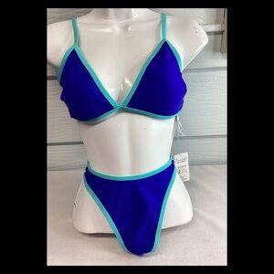 Neon blue two-piece bikini.35
